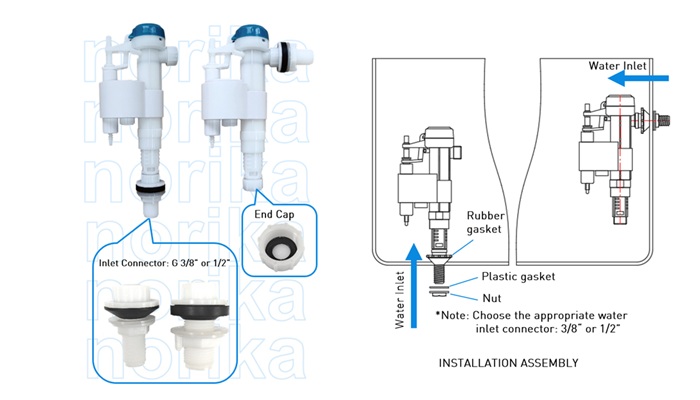WC Dual Inlets Plastic Float Valve With 3/8" & 1/2" Inlet Adaptors